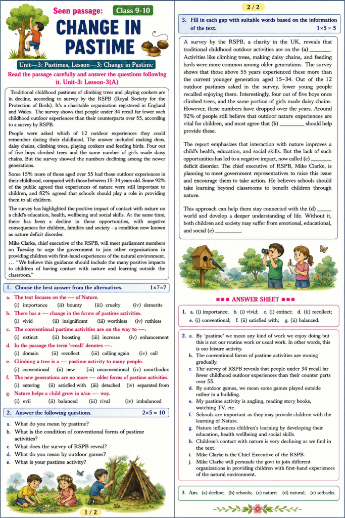 Seen passage: Class 9-10 change in pastime 1 Change in Pastime